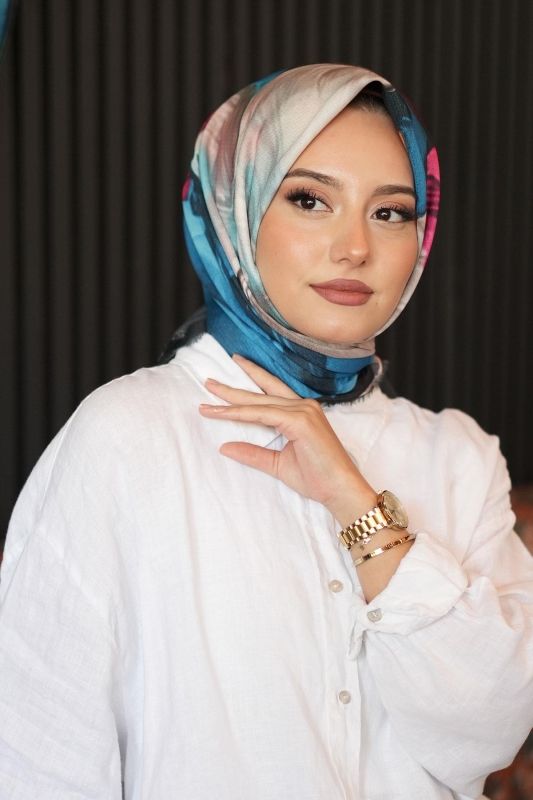 Tropikal Çiçek Desen Fuşya Pamuk Eşarp - 2