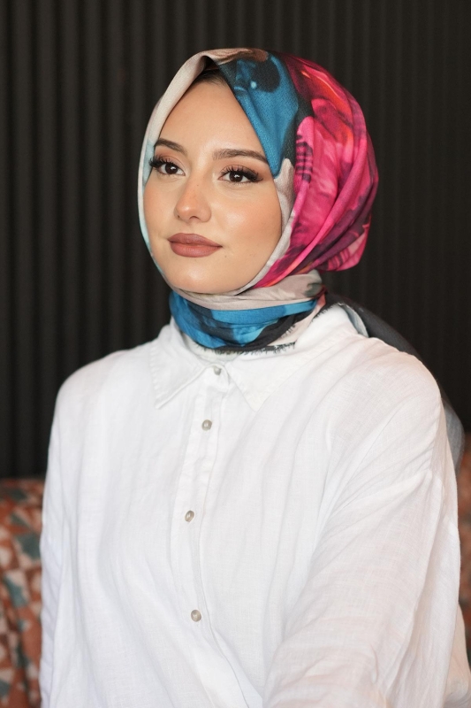 Tropikal Çiçek Desen Fuşya Pamuk Eşarp - 3