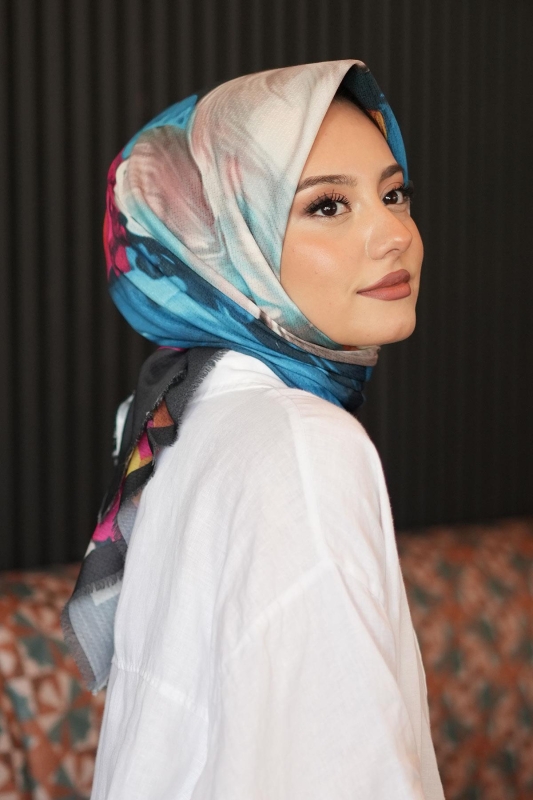 Tropikal Çiçek Desen Fuşya Pamuk Eşarp - 4