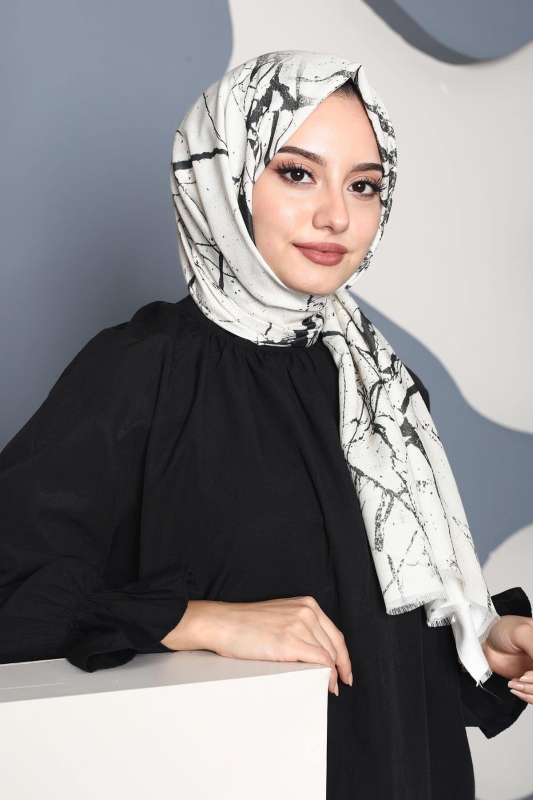 Mermer Desen Beyaz Pamuk Şal - 1