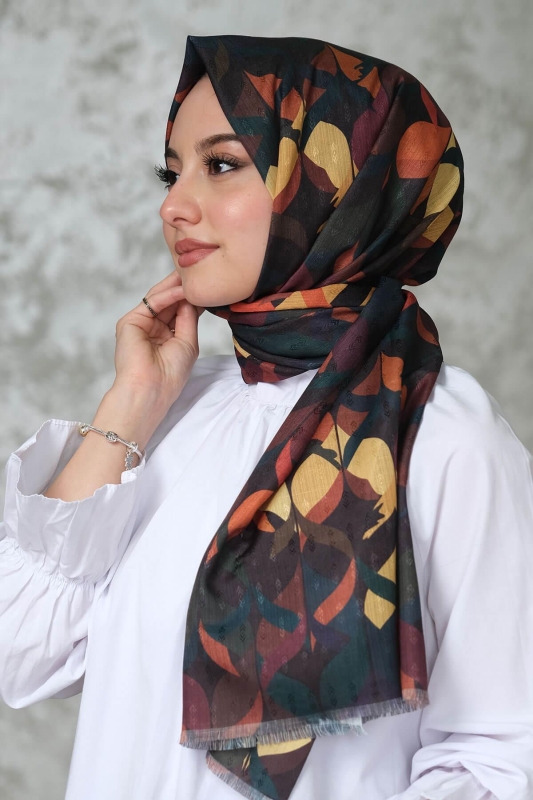 Yaprak Desen Koyu Yeşil Pamuk Şal - 1