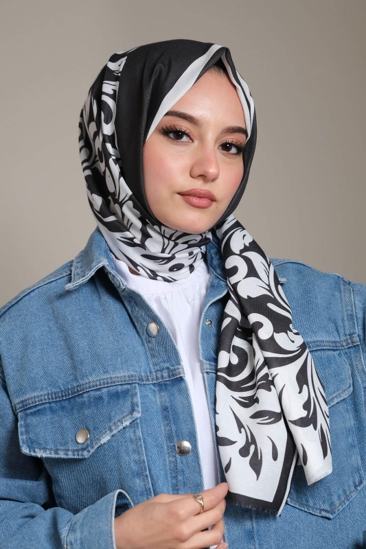 Barok Desen Siyah - Beyaz Pamuk Şal - 1