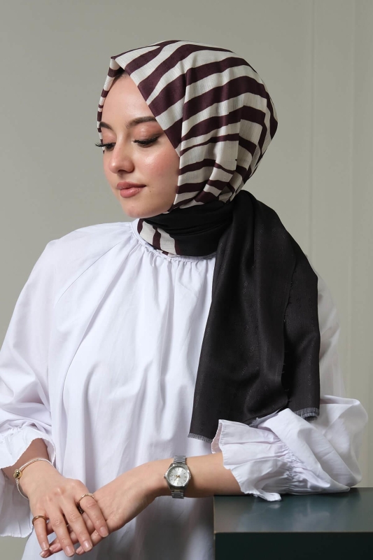 Çizgili Desen Siyah - Beyaz Pamuk Şal - 3