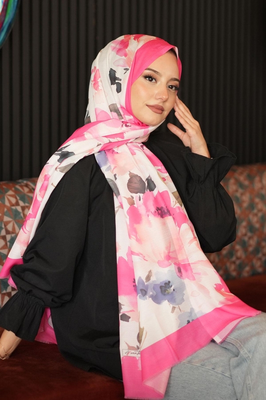 Çiçek Bahçesi Desen Fuşya Pamuk Şal - AFVENTE