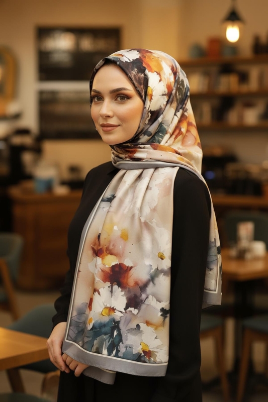 Çiçek Desen Gri Pamuk Şal - Afvente