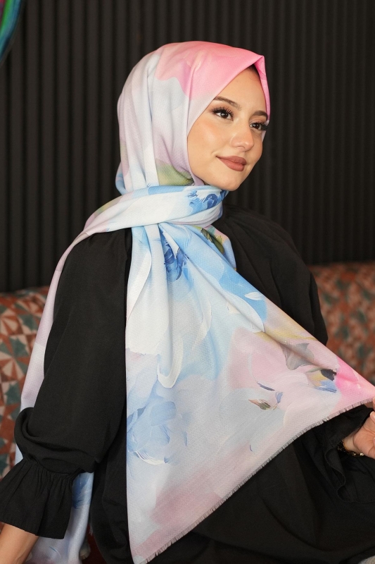 Çiçek Desen Mint Pamuk Şal - AFVENTE