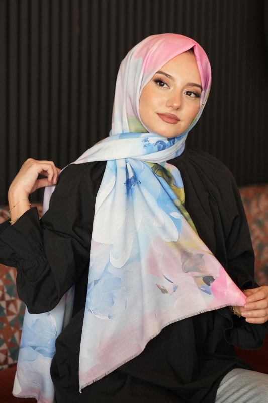 Çiçek Desen Mint Pamuk Şal - 2