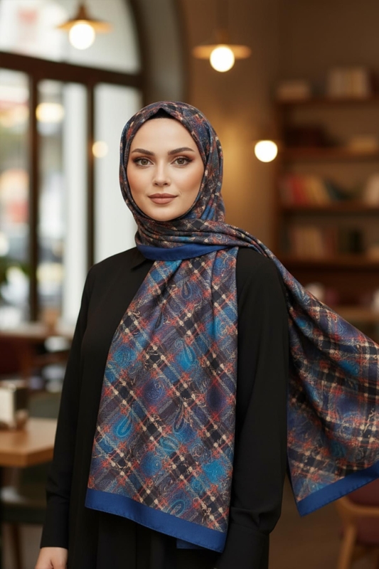 Ekose Paisley Desen Lacivert Pamuk Şal - Afvente