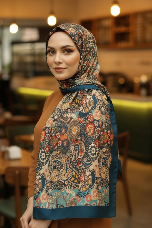 Etnik Çiçek Desen Yeşil Pamuk Şal - Afvente