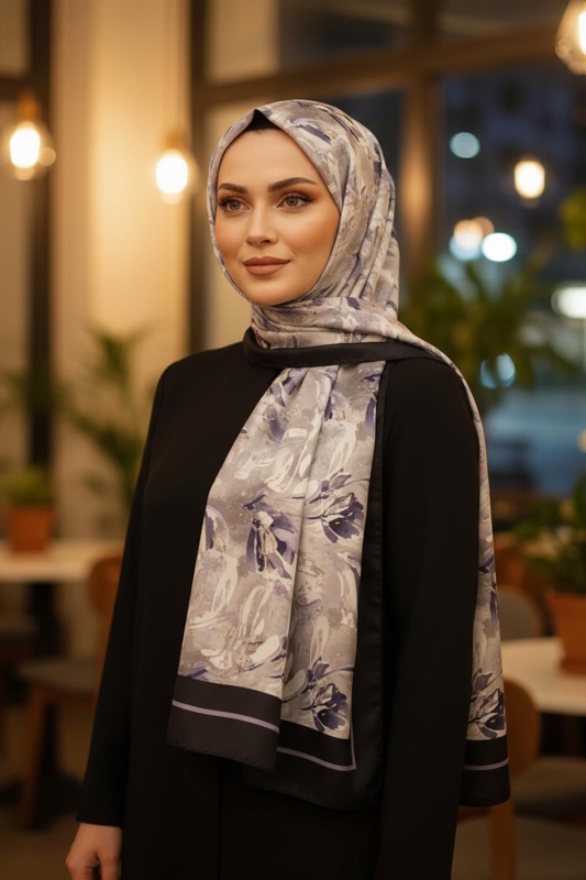 Fırça Lale Desen Füme Pamuk Şal - Afvente