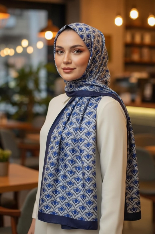 Geometrik Desen İndigo Pamuk Şal - Afvente