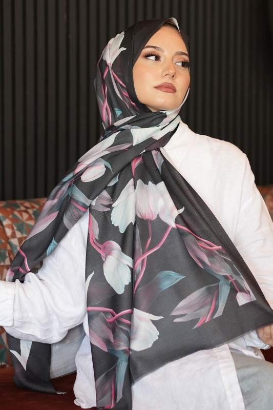 Lale Desen Siyah Pamuk Şal - 1