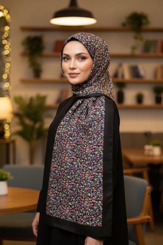 Mini Çiçek Desen Turkuaz Pamuk Şal - Afvente