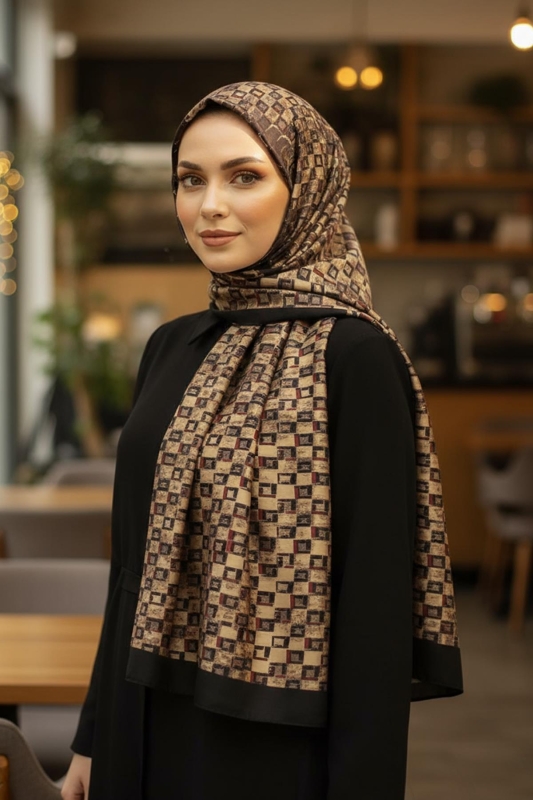Retro Kare Desen Acı Kahve Pamuk Şal - Afvente