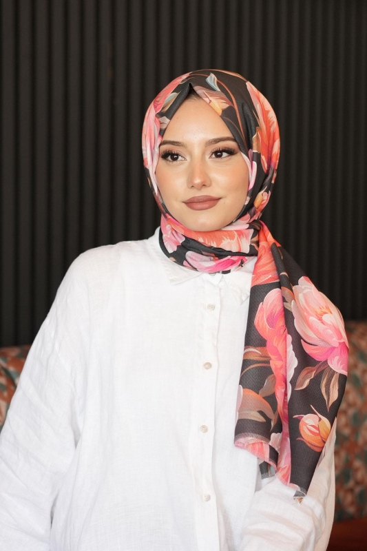 Şakayık Desen Turuncu Pamuk Şal - 2