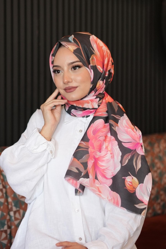 Şakayık Desen Turuncu Pamuk Şal - AFVENTE