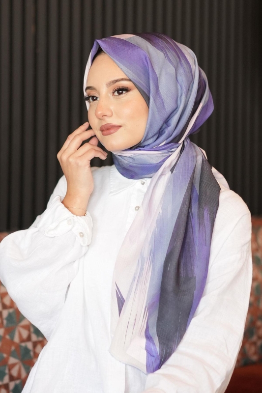 Soyut Fırça Desen Mor Pamuk Şal - AFVENTE