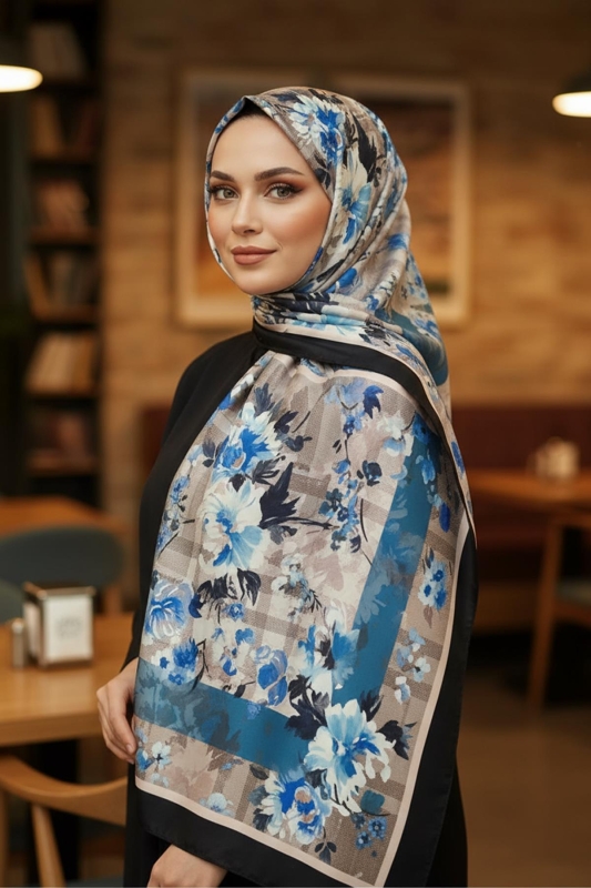Su Çiçeği Desen Mavi Pamuk Şal - Afvente