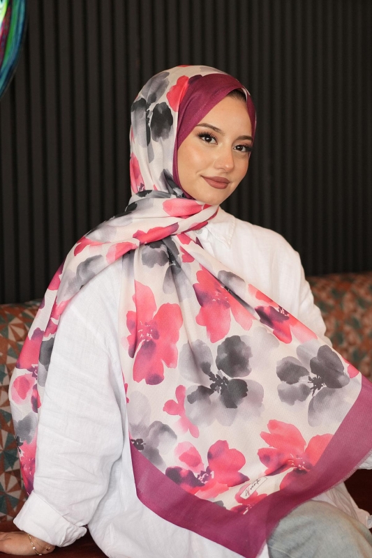Sulu Boya Çiçek Desen Gri Pamuk Şal - AFVENTE
