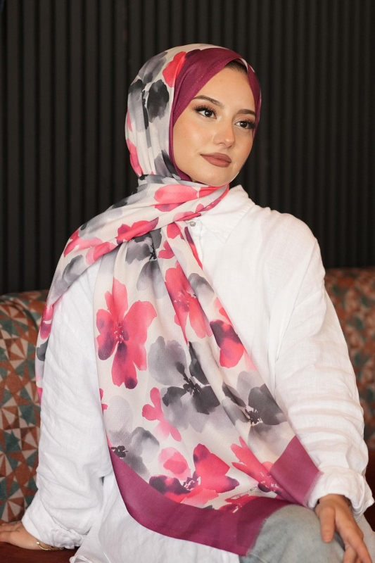 Sulu Boya Çiçek Desen Gri Pamuk Şal - 2