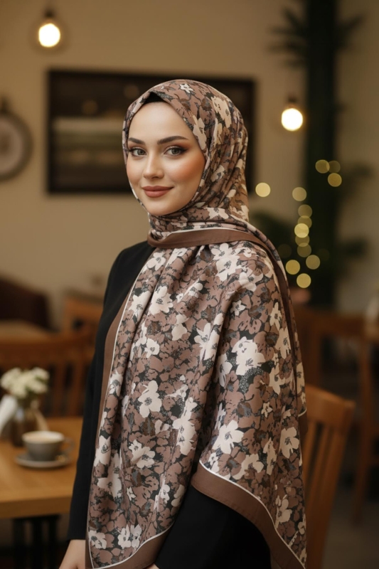 Yaprak Desen Çikolata Kahve Pamuk Şal - Afvente