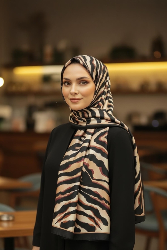 Zebra Desen Karamel Pamuk Şal - Afvente