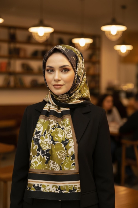 Zincir Gül Desen Yağ Yeşili Pamuk Şal - Afvente