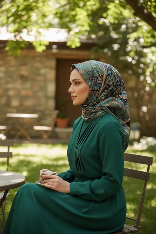 Damla Motif Desen Yeşil Soft Pamuk Eşarp - AFVENTE