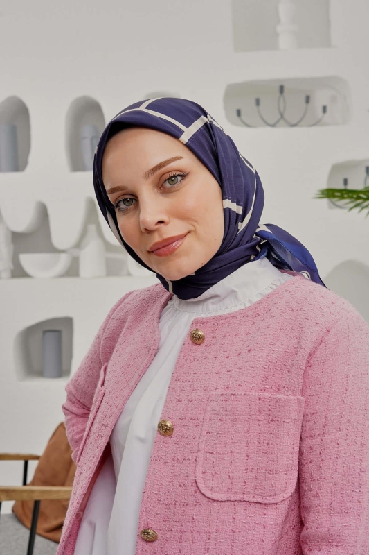Geometrik Desen Koyu Mavi Soft Pamuk Eşarp - 3