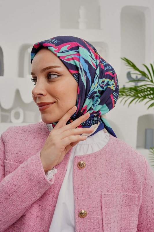 Yaprak Desen Mavi Soft Pamuk Eşarp - 3