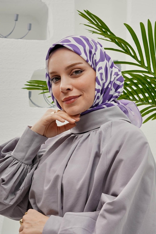 Yaprak Desen Mor Soft Pamuk Eşarp - 1