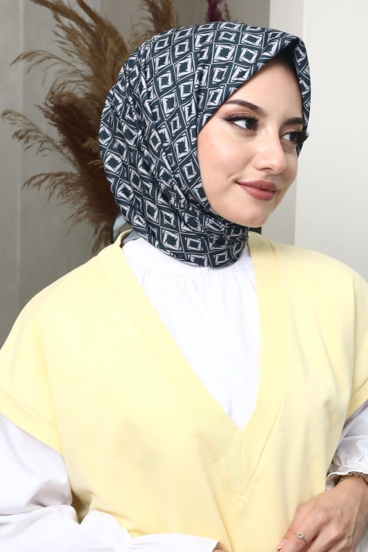 Kare Desen Gri Soft Pamuk Eşarp - 1
