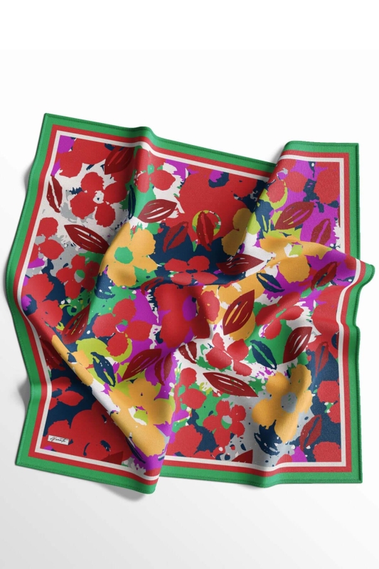 Çiçek Desen Yeşil Soft Pamuk Eşarp - 1