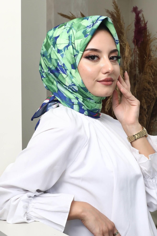 Yaprak Desen Koyu Mavi Soft Pamuk Eşarp - AFVENTE