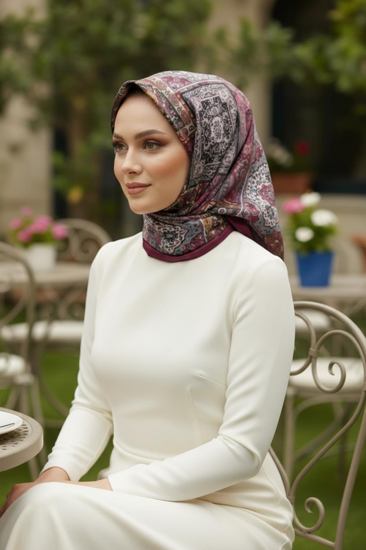 Etnik Desen Bordo Soft Pamuk Eşarp - AFVENTE