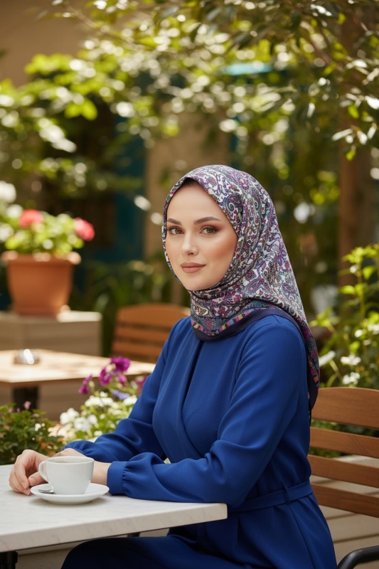 Etnik Desen Lacivert Soft Pamuk Eşarp - AFVENTE
