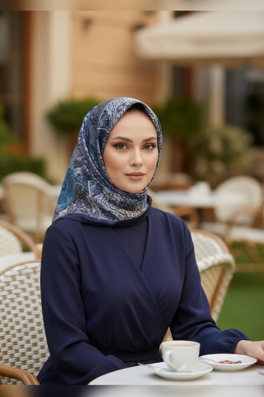 Etnik Desen Lacivert Soft Pamuk Eşarp - Afvente