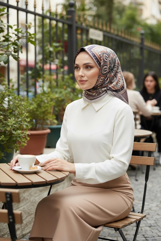 Geometrik Desen Bej Soft Pamuk Eşarp - AFVENTE