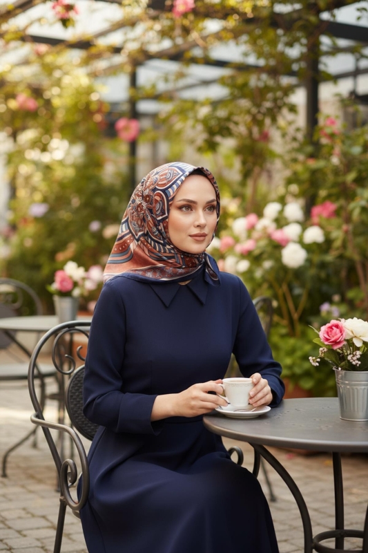 Geometrik Desen Lacivert Soft Pamuk Eşarp - AFVENTE