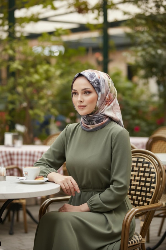 Manolya Çiçek Desen Füme Soft Pamuk Eşarp - AFVENTE