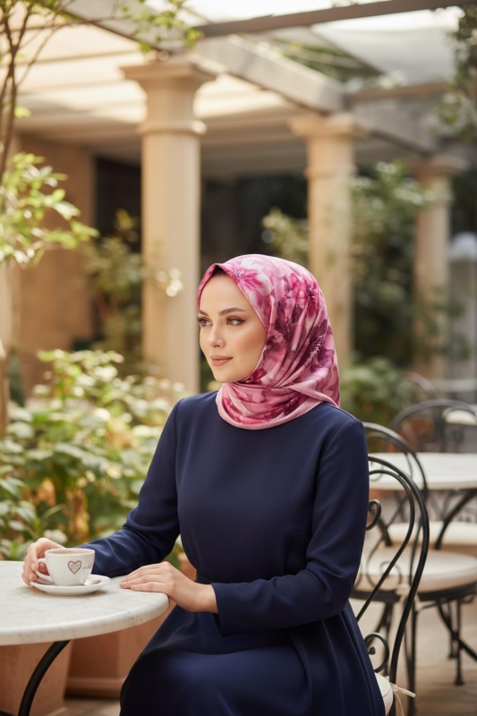 Manolya Çiçek Desen Pembe Soft Pamuk Eşarp - AFVENTE