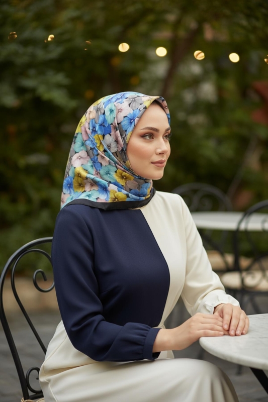 Ortanca Çiçek Desen Saks Soft Pamuk Eşarp - AFVENTE