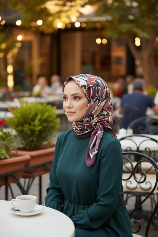 Yaprak Desen Kahverengi Soft Pamuk Eşarp - AFVENTE