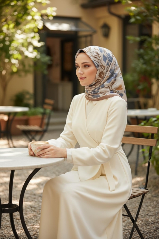 Zambak Çiçek Desen Gri Soft Pamuk Eşarp - AFVENTE