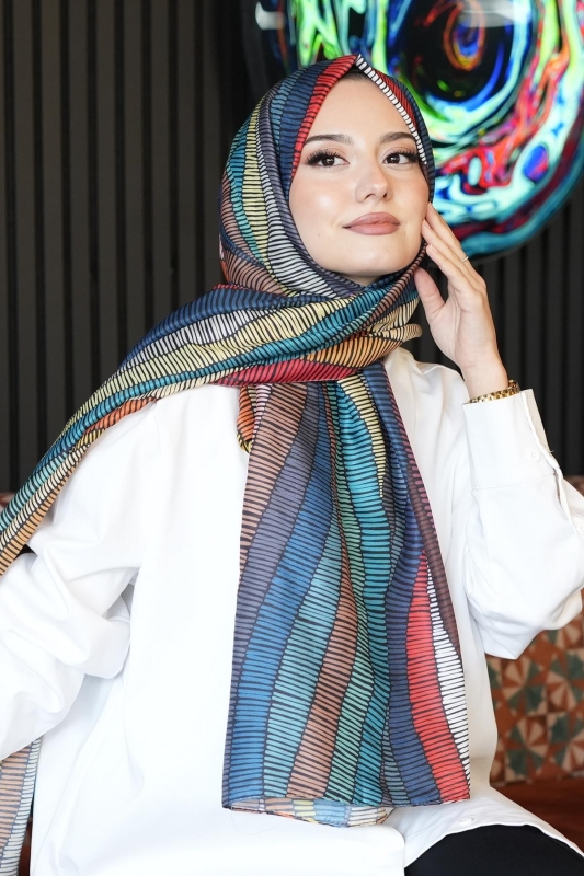 Dalgalı Desen Çok Renkli Soft Pamuk Şal - 1