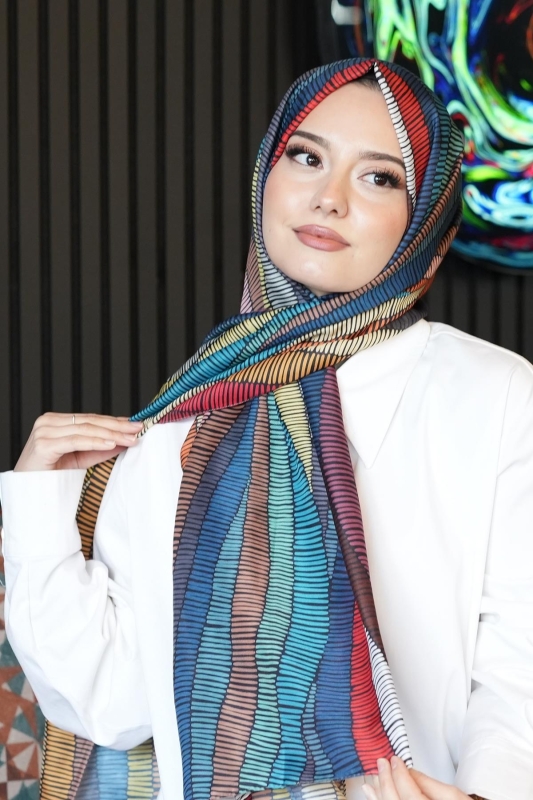 Dalgalı Desen Çok Renkli Soft Pamuk Şal - 3