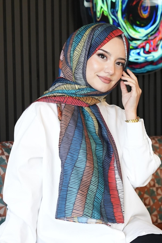 Dalgalı Desen Çok Renkli Soft Pamuk Şal - 4