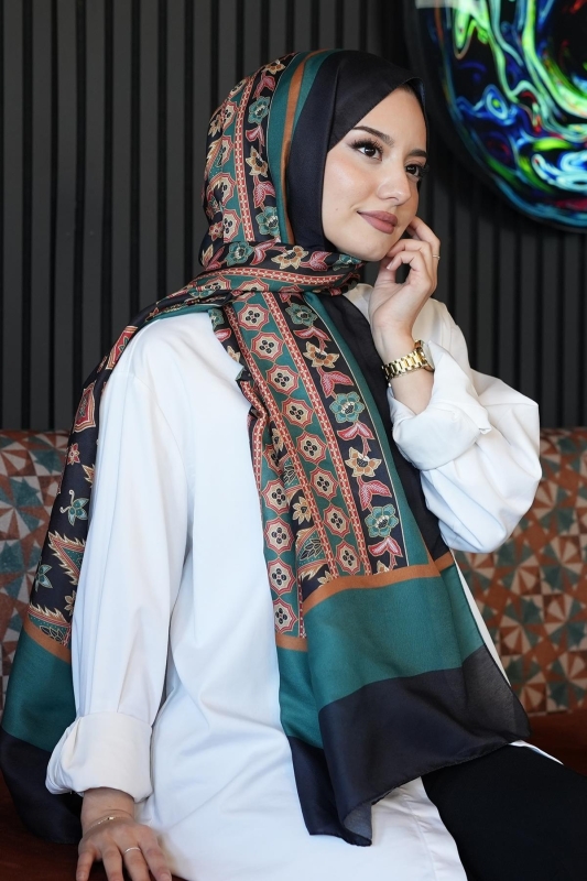 Çiçek Desen Yeşil Soft Pamuk Şal - 1