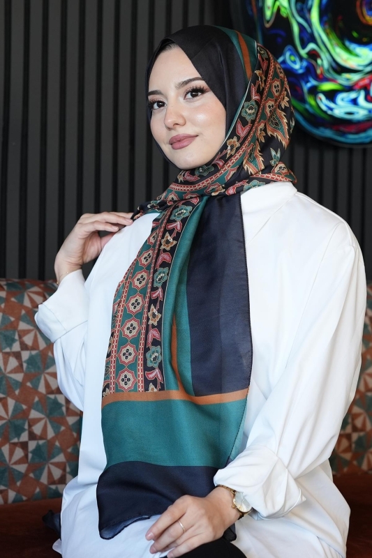 Çiçek Desen Yeşil Soft Pamuk Şal - 2