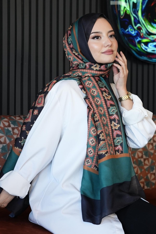 Çiçek Desen Yeşil Soft Pamuk Şal - 3